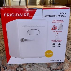 A white mini retro fridge